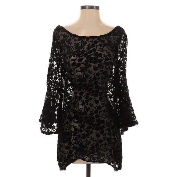 Gypsy Junkies x Free People Black Floral Lace & Velvet Bell Slv Tunic Mini Dress - Picture 3 of 13